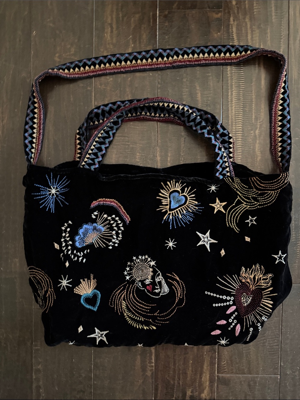 Johnny Was Embroidered Black Velvet Tote Bag with Multicolor Star & Heart Motifs